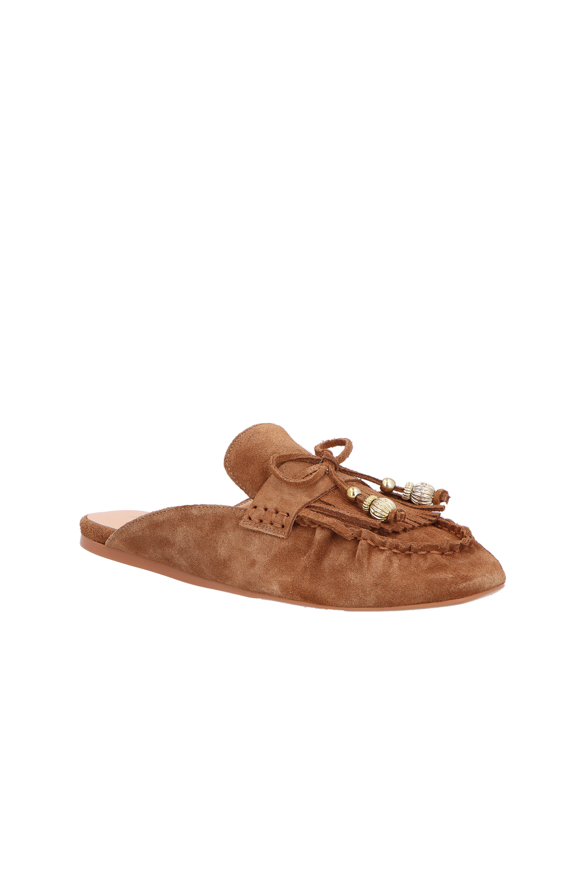 MULE PENNY LOAFER EM CAMURÇA CARAMELO COM PINGENTES