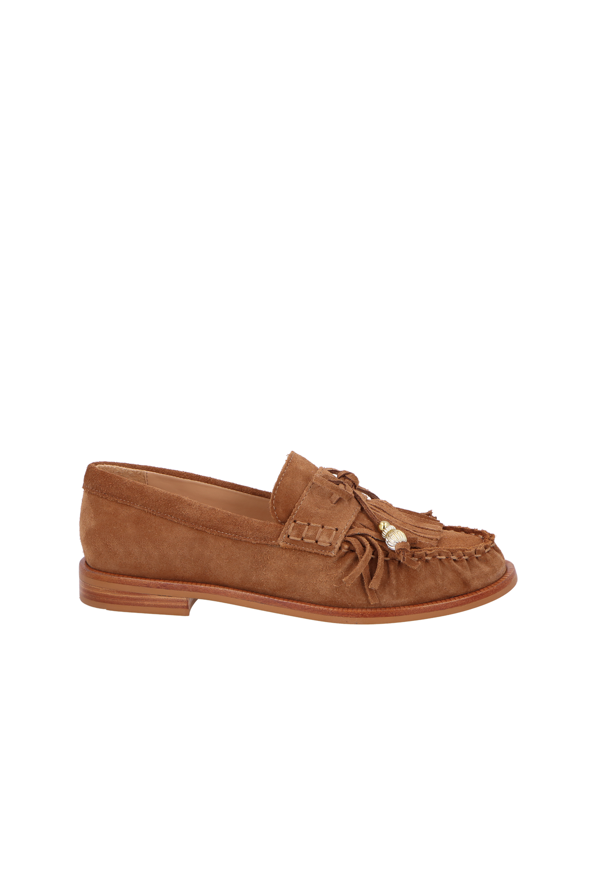 MOCASSIM LOAFER EM CAMURÇA CARAMELO COM FRANJAS E ENFEITES DOURADOS