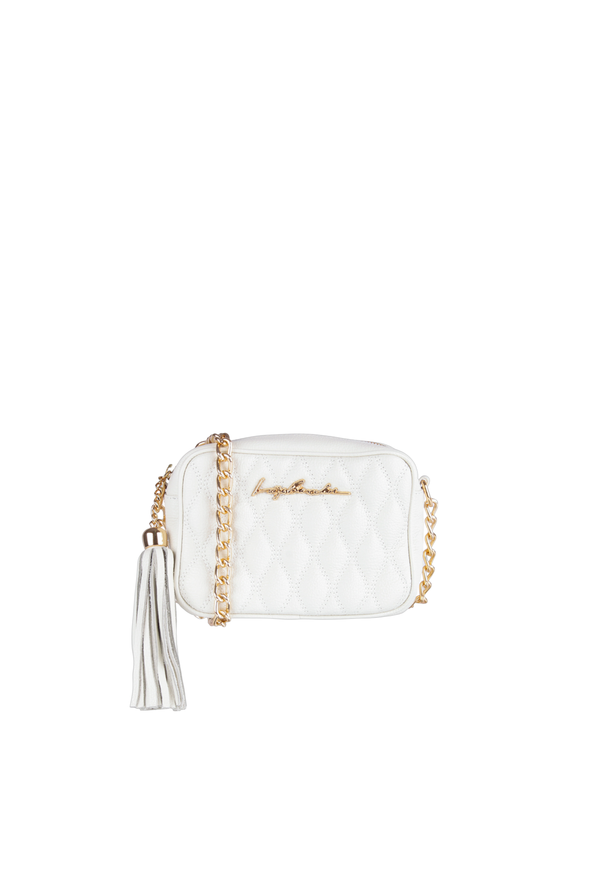 BOLSA CLÁSSICA EM COURO OFF WHITE E ALÇA DE CORRENTES PEQUENA