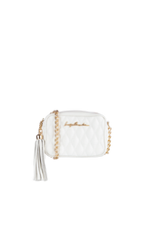 BOLSA CLÁSSICA EM COURO OFF WHITE E ALÇA DE CORRENTES PEQUENA