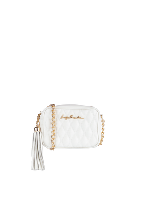 BOLSA CLÁSSICA EM COURO OFF WHITE E ALÇA DE CORRENTES PEQUENA