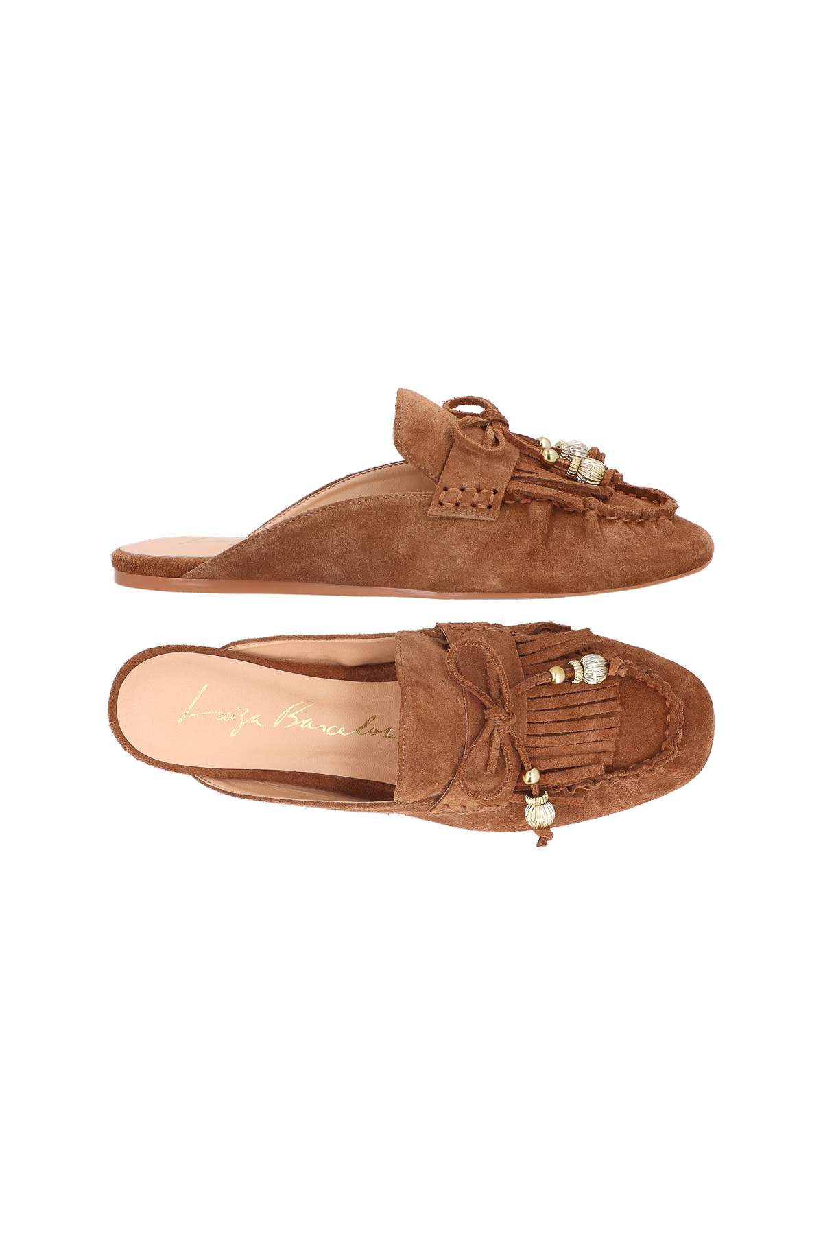 MULE PENNY LOAFER EM CAMURÇA CARAMELO COM PINGENTES