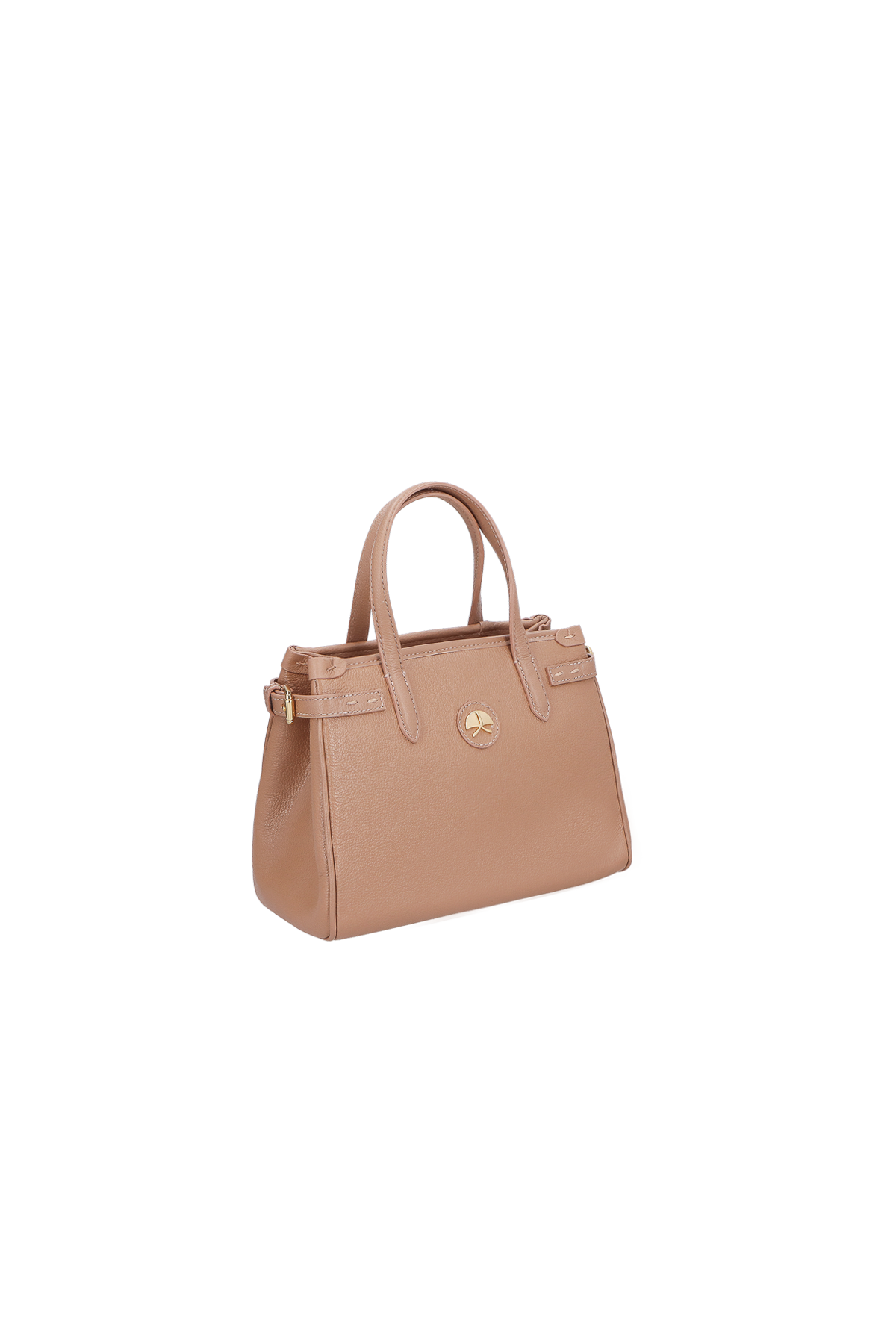 BOLSA MÉDIA EM COURO BEGE COM ALÇA ESTRUTURADA
