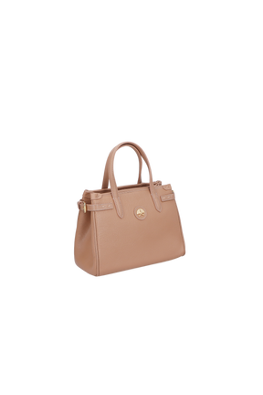 BOLSA MÉDIA EM COURO BEGE COM ALÇA ESTRUTURADA