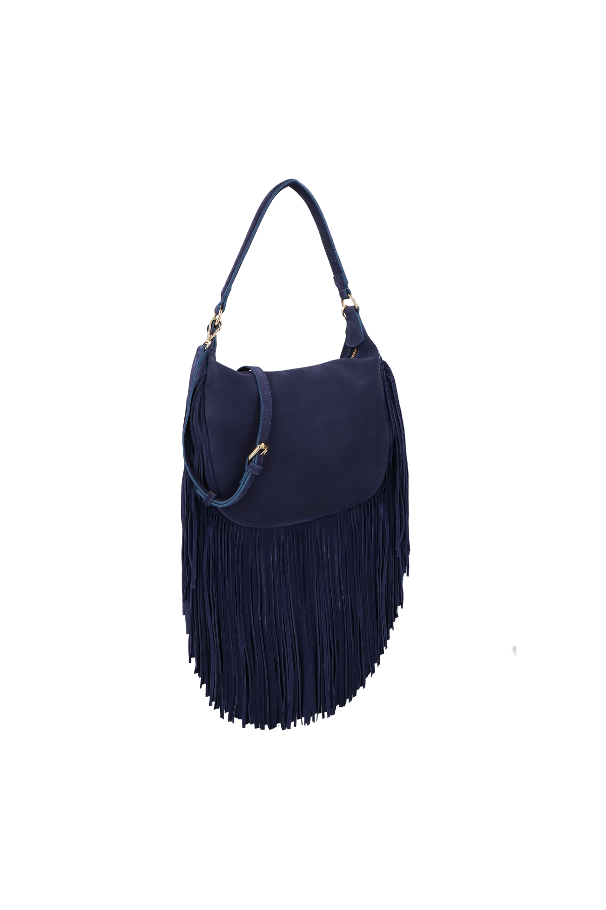 BOLSA MÉDIA EM CAMURÇA AZUL NAVAL COM FRANJAS