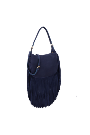 BOLSA MÉDIA EM CAMURÇA AZUL NAVAL COM FRANJAS