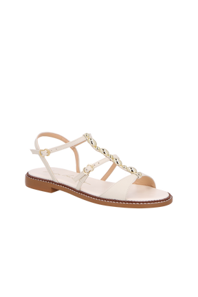 SANDÁLIA RASTEIRA EM COURO OFF WHITE COM ENFEITES OVAIS METÁLICOS