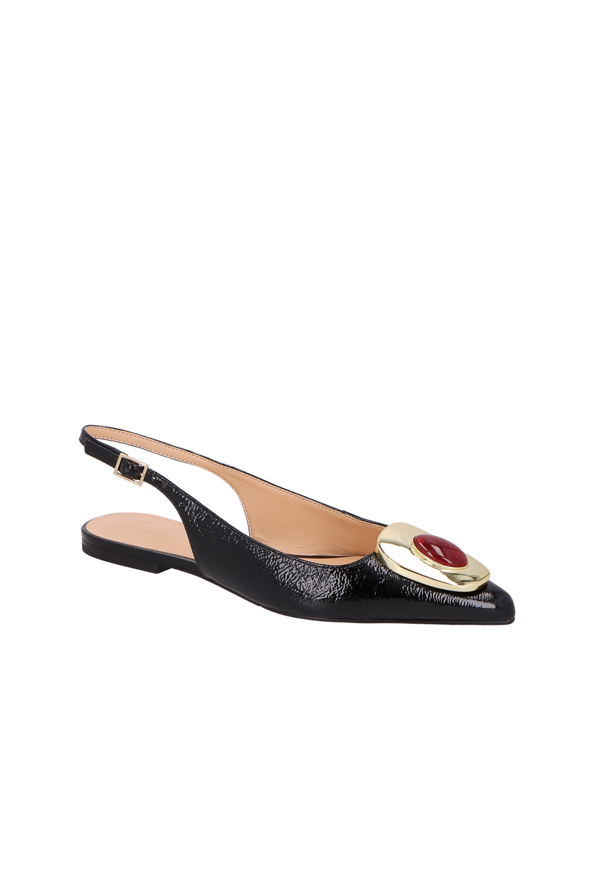 SAPATILHA SLINGBACK EM VERNIZ PRETO COM PEDRA E FIVELA DOURADA