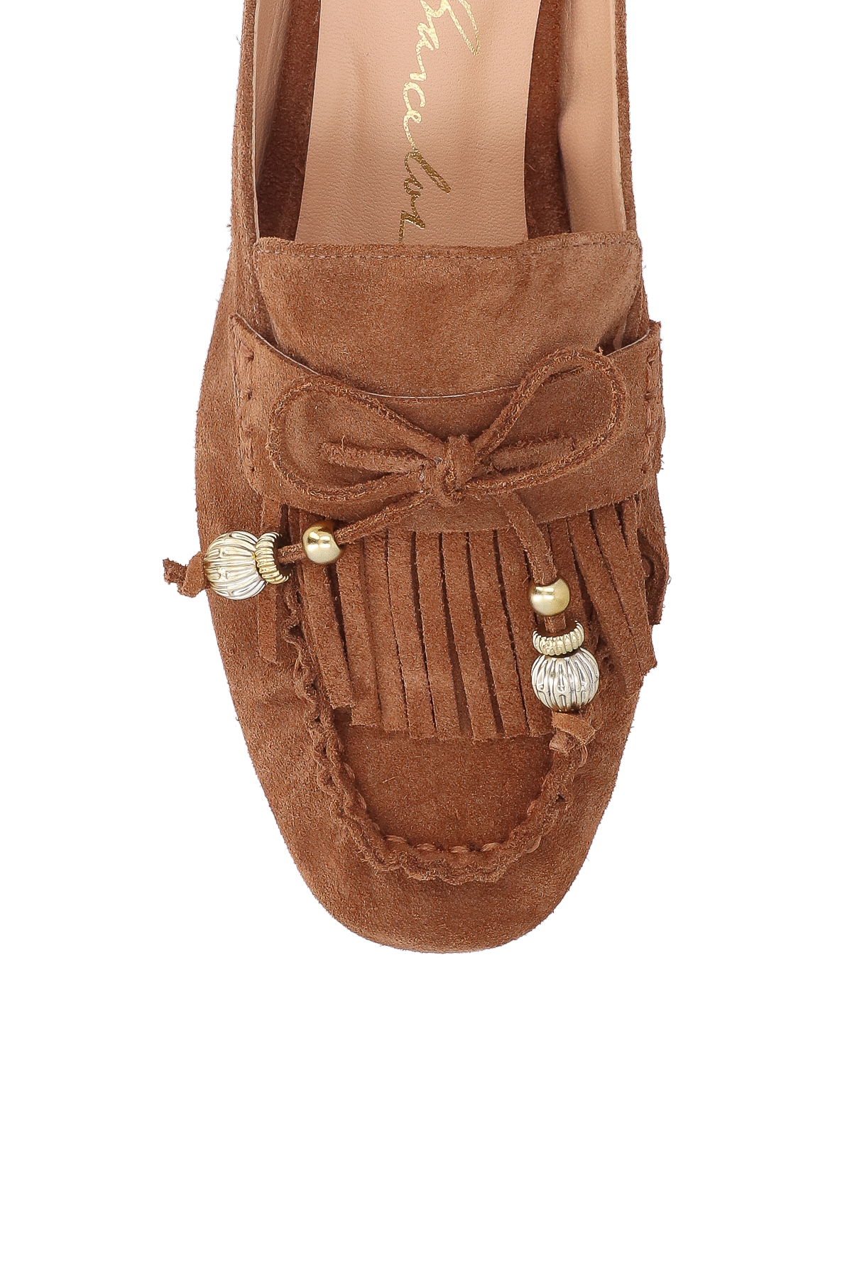 MULE PENNY LOAFER EM CAMURÇA CARAMELO COM PINGENTES