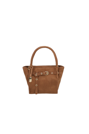 BOLSA PEQUENA EM CAMURÇA MARROM CARAMELO COM FIVELA