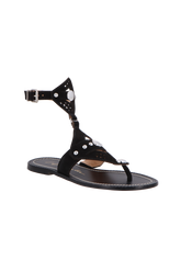 RASTEIRA GLADIADORA EM CAMURÇA PRETA COM TIRAS LASER E APLIQUES DOURADOS