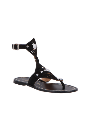 RASTEIRA GLADIADORA EM CAMURÇA PRETA COM TIRAS LASER E APLIQUES DOURADOS