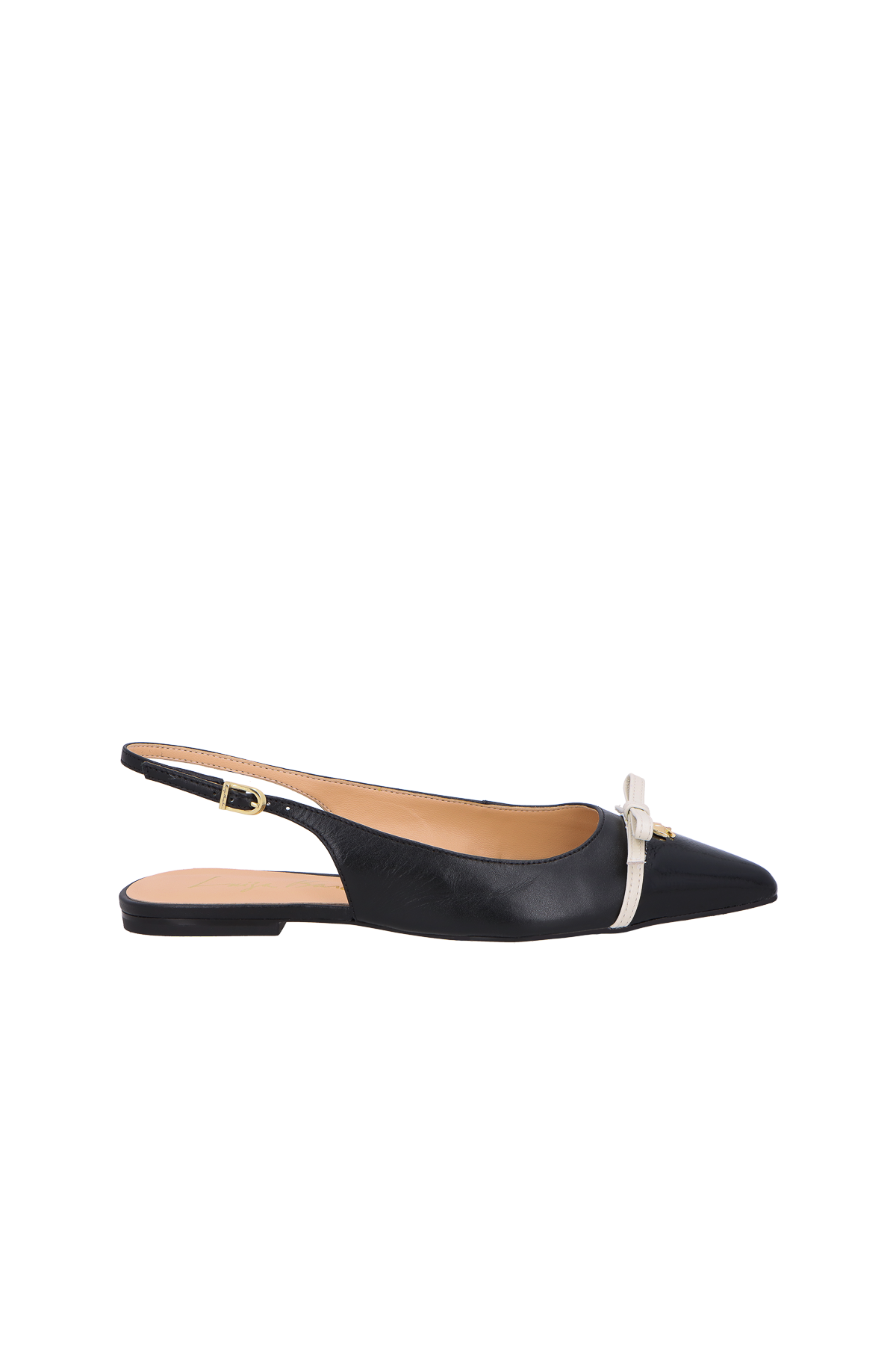 SAPATILHA SLINGBACK EM EM COURO PRETO COM LAÇO OFF WHITE
