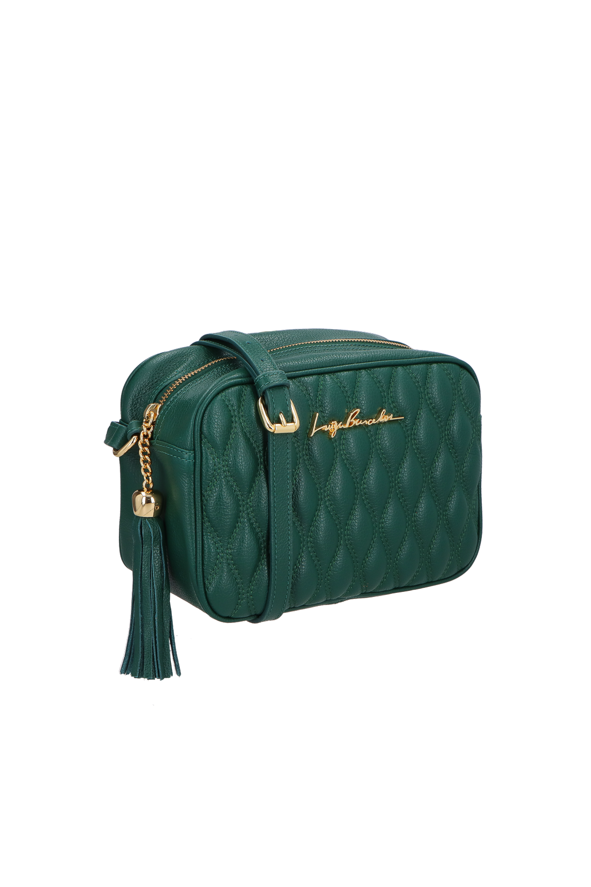 BOLSA MÉDIA EM COURO ESMERALDA COM MATELASSÊ E PINGENTE