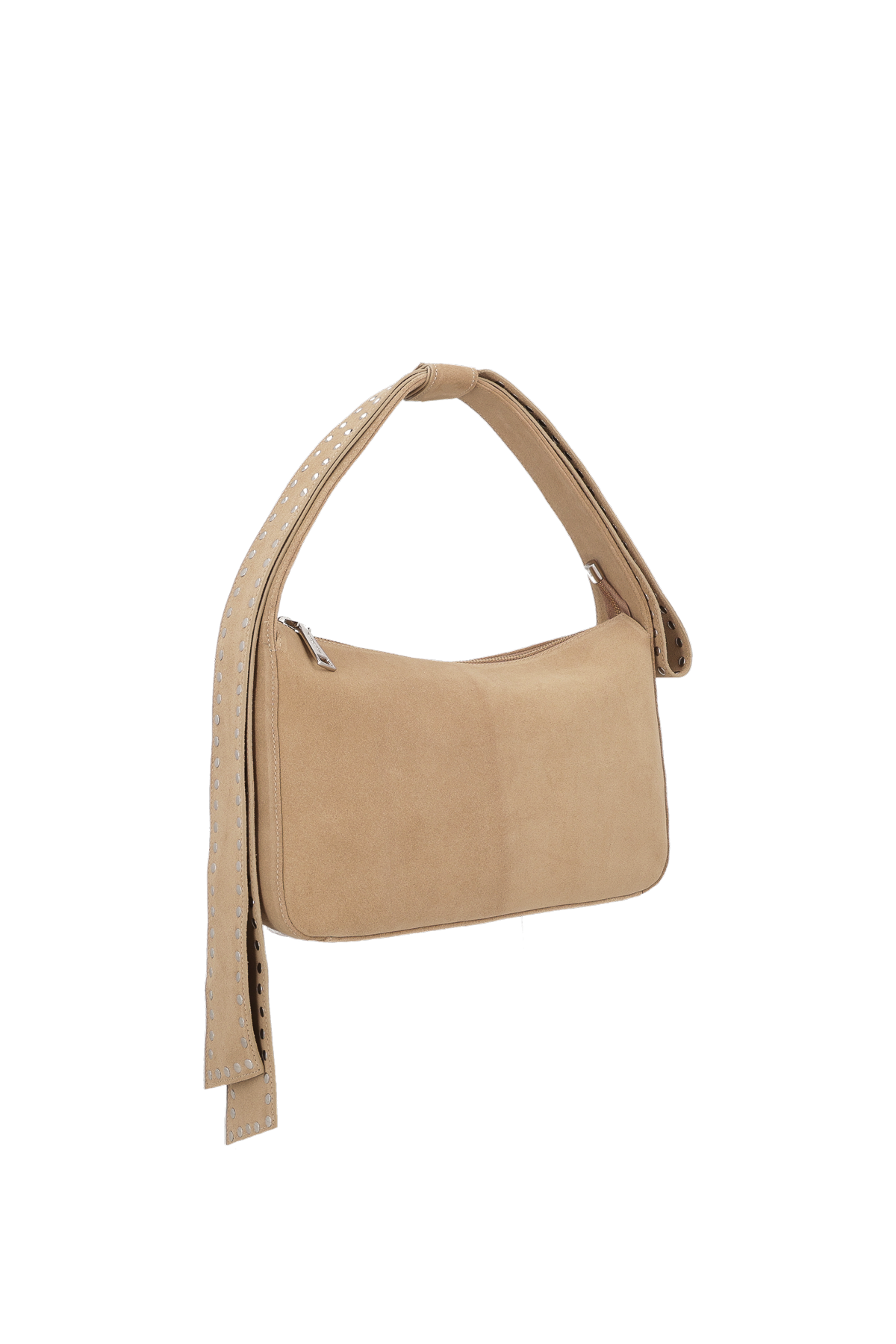 BOLSA DE ALÇA CURTA ADORNADA DE REBITES COM LAÇO ASSIMÉTRICO EM CAMURÇA