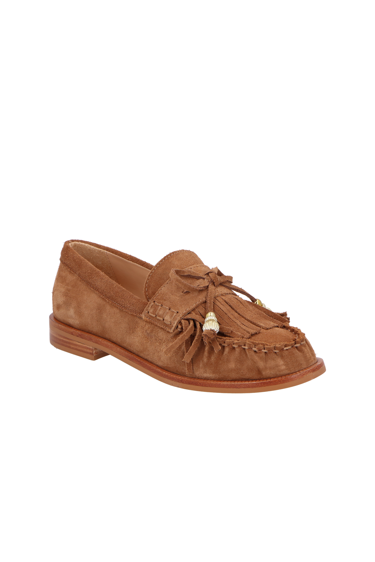 MOCASSIM LOAFER EM CAMURÇA CARAMELO COM FRANJAS E ENFEITES DOURADOS