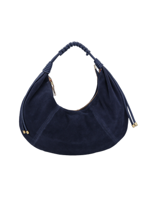 BOLSA EM CAMURÇA AZUL NAVAL COM ENFEITE METÁLICO GRANDE