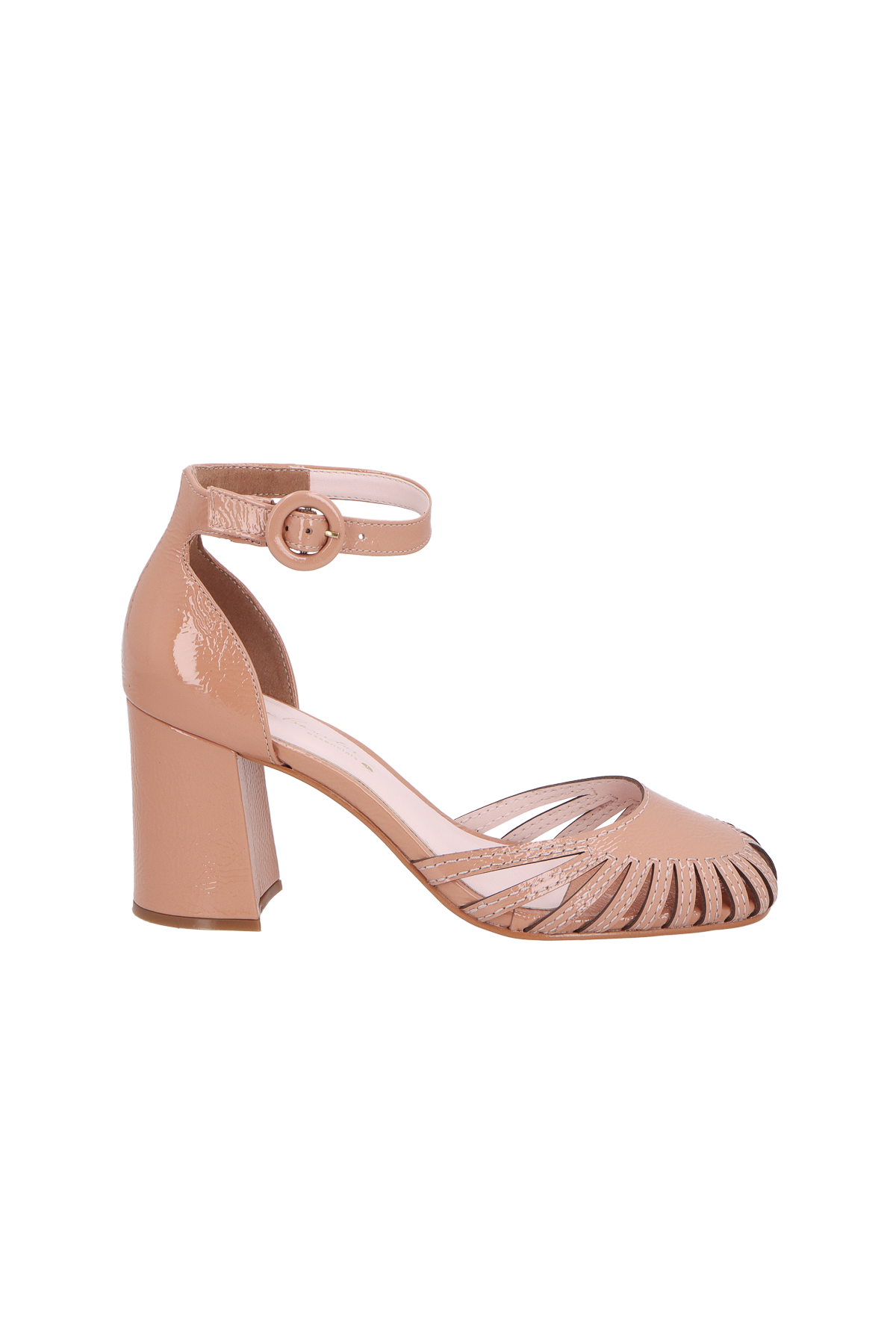 SAPATO D'ORSAY EM VERNIZ BLUSH COM DETALHE VAZADO E SALTO BLOCO