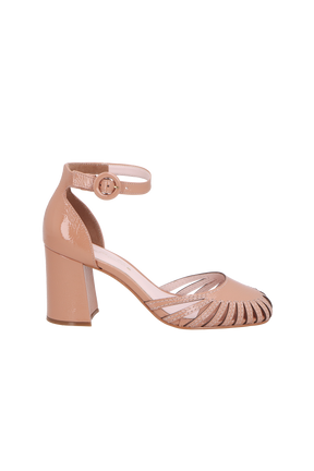 SAPATO D'ORSAY EM VERNIZ BLUSH COM DETALHE VAZADO E SALTO BLOCO