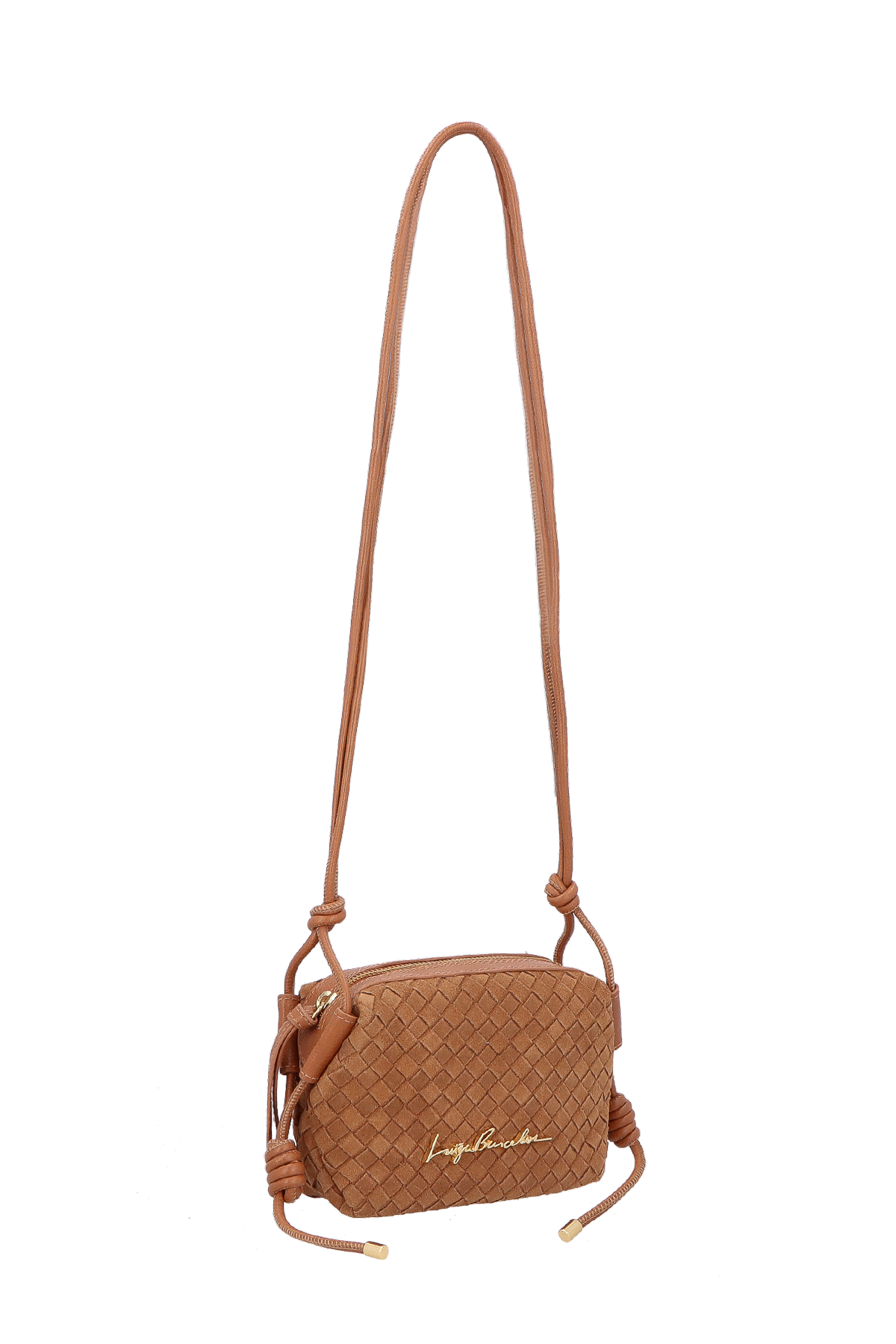 BOLSA EM CAMURÇA TRAMADA CARAMELO COM ALÇA DE NÓS