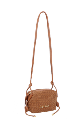 BOLSA EM CAMURÇA TRAMADA CARAMELO COM ALÇA DE NÓS