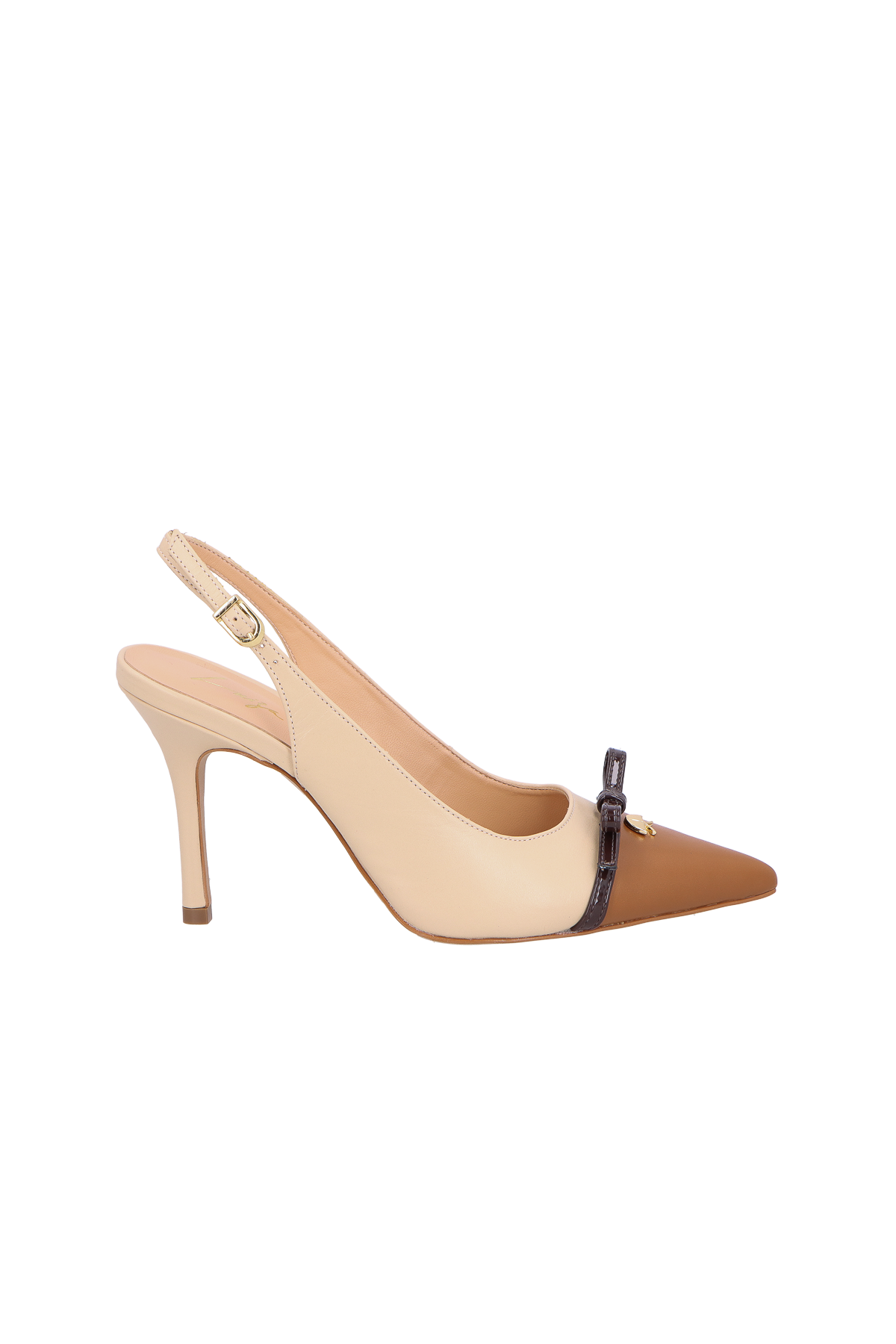 SCARPIN SLINGBACK EM  COURO NATA COM BICO CARAMELO E LAÇO