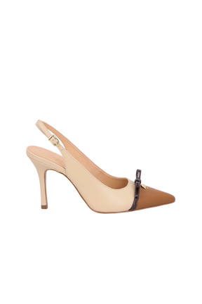SCARPIN SLINGBACK EM  COURO NATA COM BICO CARAMELO E LAÇO