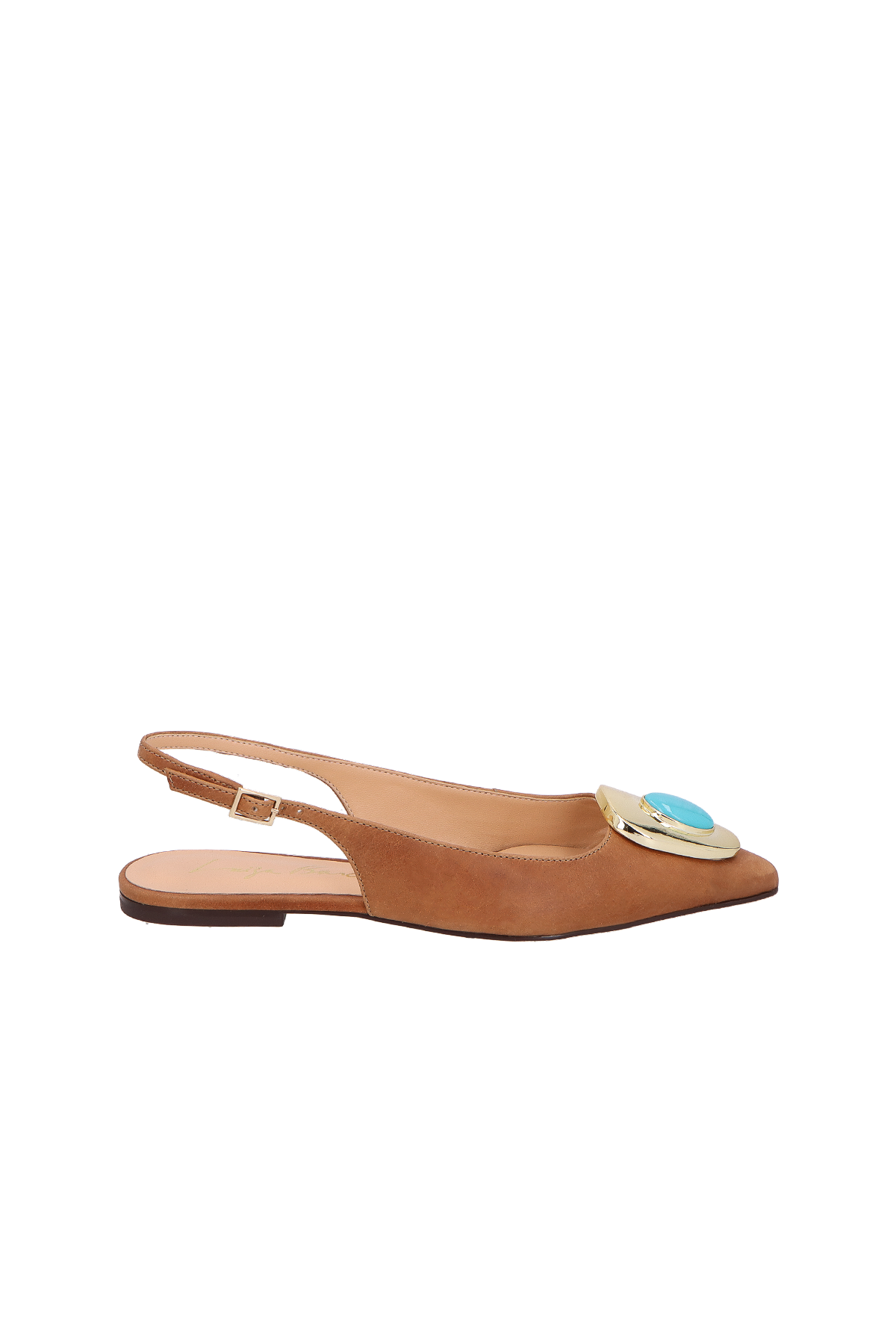 SAPATILHA SLINGBACK EM COURO CARAMELO COM PEDRA E FIVELA DOURADA