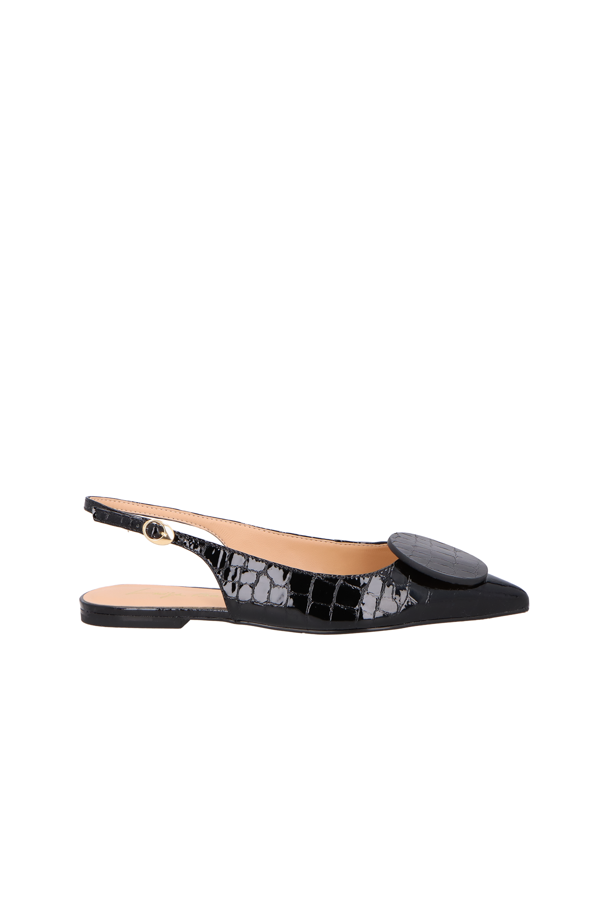 SAPATILHA SLINGBACK FLAT EM COURO CROCO VERNIZ PRETO COM APLICAÇÃO CIRCULAR