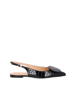 SAPATILHA SLINGBACK FLAT EM COURO CROCO VERNIZ PRETO COM APLICAÇÃO CIRCULAR