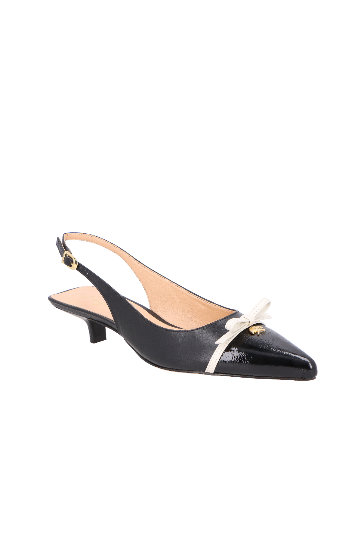 SCARPIN SLINGBACK EM COURO PRETO COM LAÇO OFF WHITE E SALTO BAIXO
