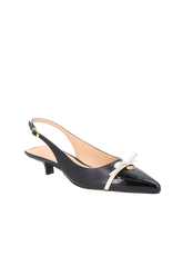 SCARPIN SLINGBACK EM COURO PRETO COM LAÇO OFF WHITE E SALTO BAIXO