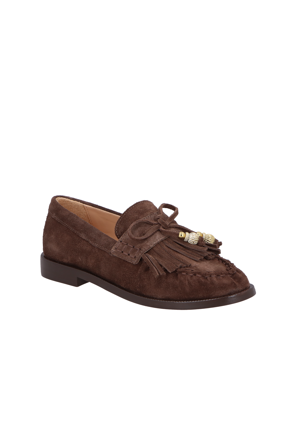 MOCASSIM LOAFER EM CAMURÇA CAFÉ COM FRANJAS E ENFEITES DOURADOS