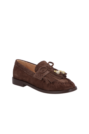 MOCASSIM LOAFER EM CAMURÇA CAFÉ COM FRANJAS E ENFEITES DOURADOS