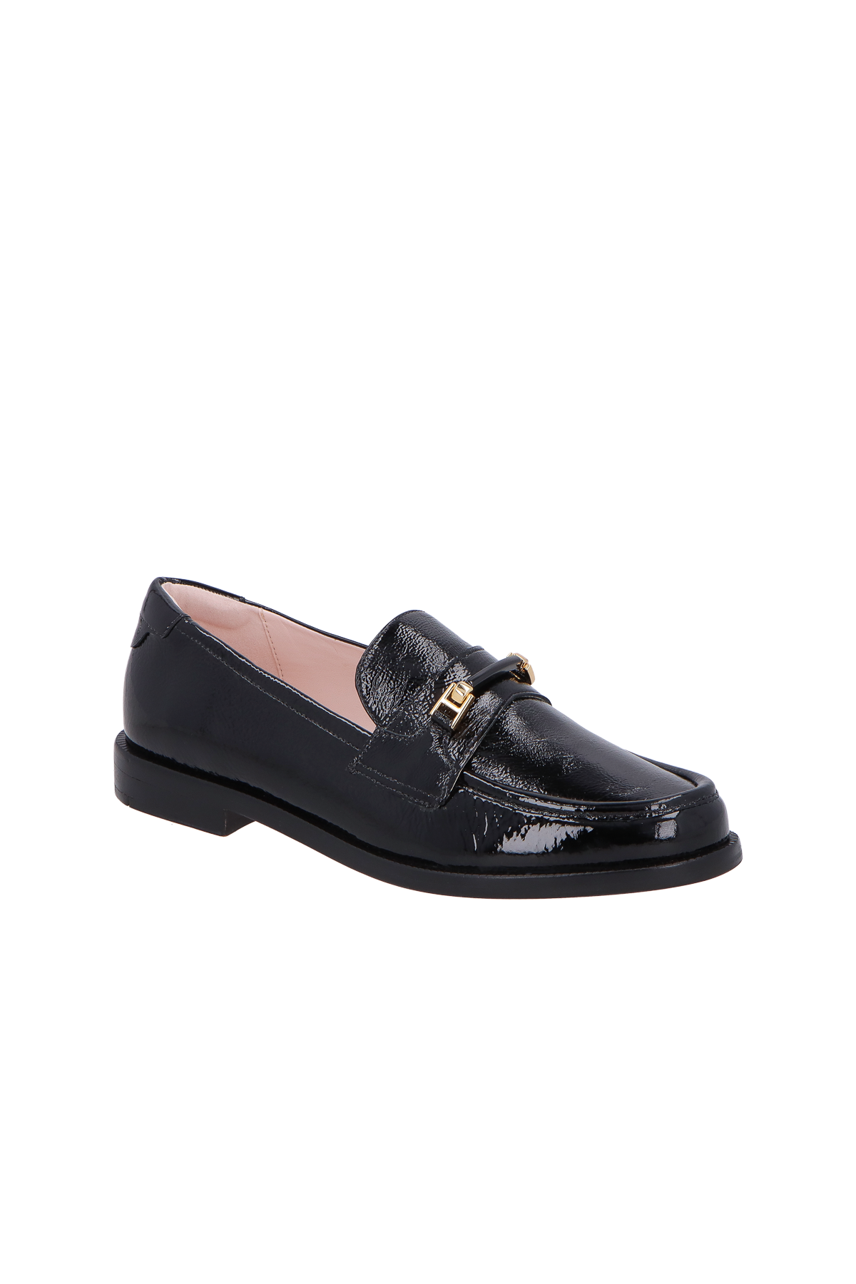 MOCASSIM EM VERNIZ PRETO COM BRIDÃO DOURADO