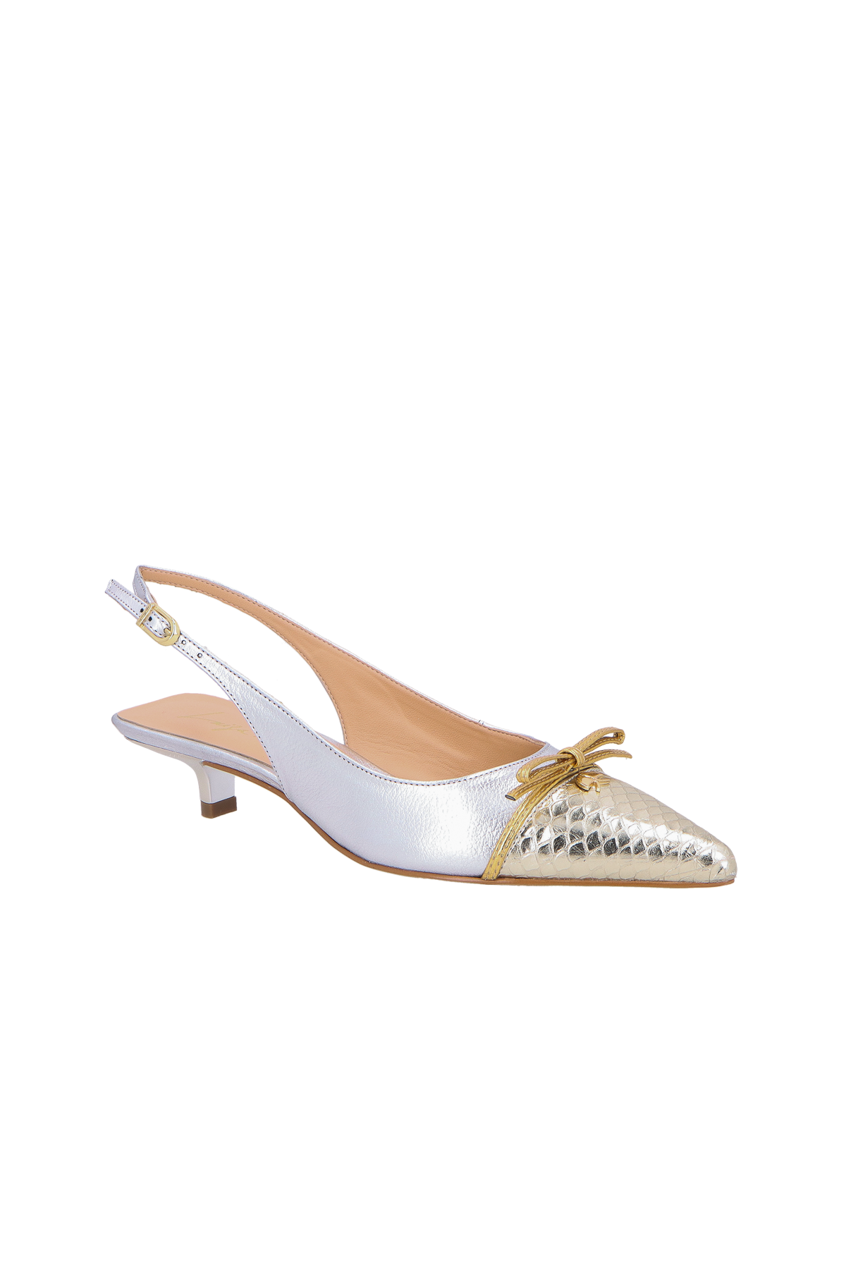 SCARPIN SLINGBACK METALIZADO PRATA COM BICO DOURADO E SALTO BAIXO