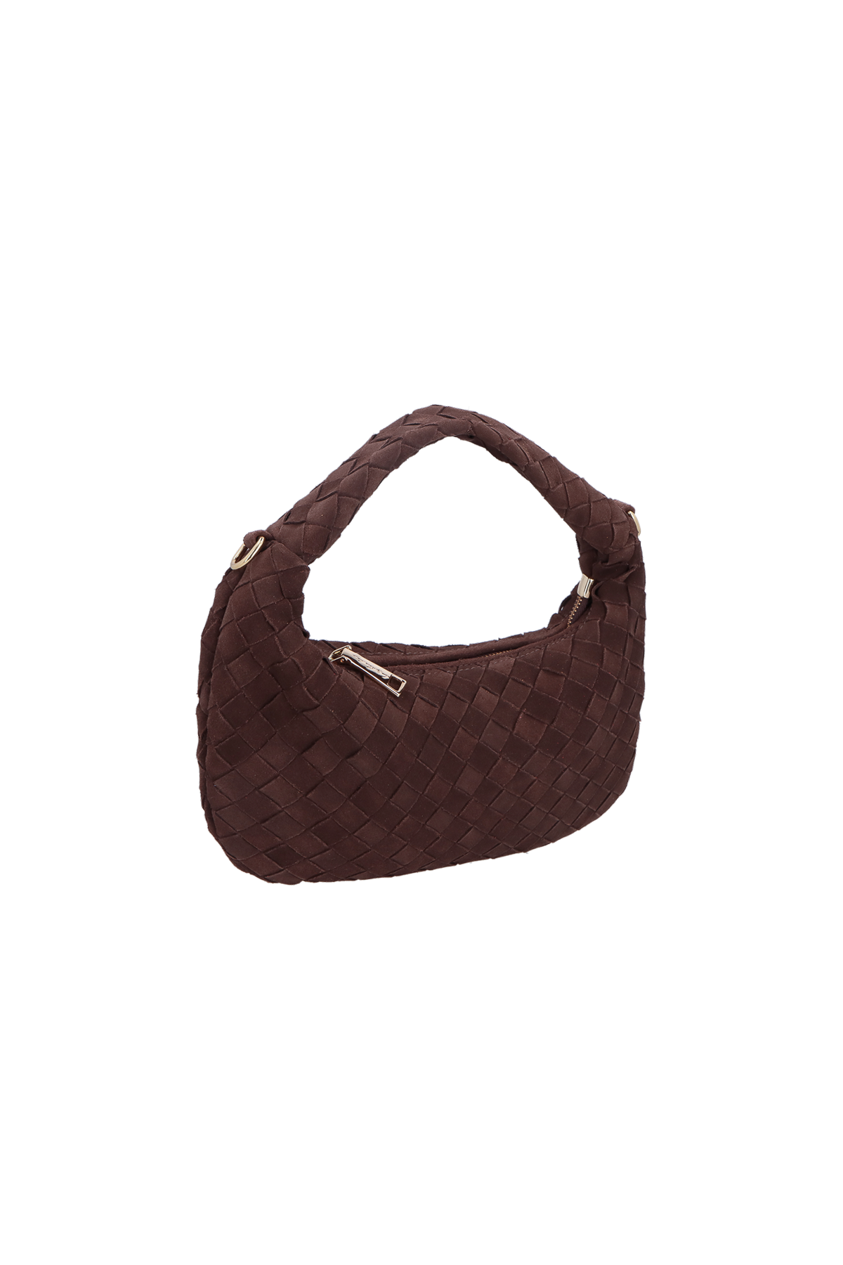 BOLSA HOBO DE ALÇA CURTA EM TRESSÊ DE CAMURÇA CAFÉ MÉDIA