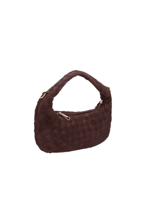 BOLSA HOBO DE ALÇA CURTA EM TRESSÊ DE CAMURÇA CAFÉ MÉDIA