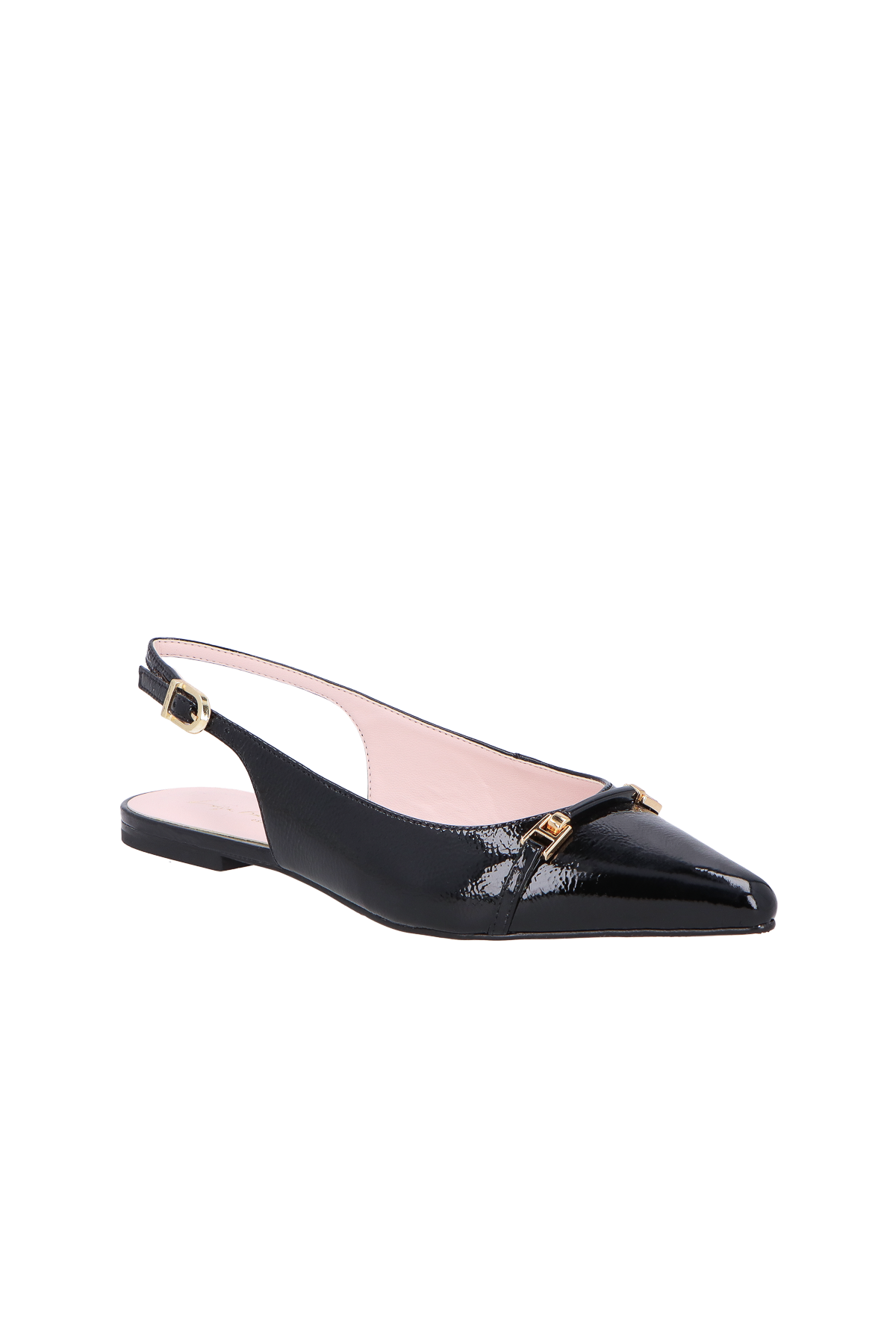 SAPATILHA SLINGBACK BICO FINO EM VERNIZ PRETO COM BRIDÃO