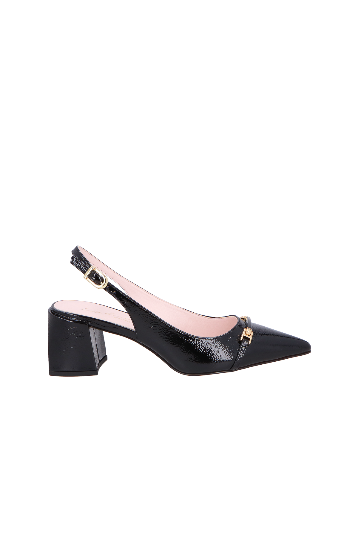 SCARPIN SLINGBACK  DE SALTO BLOCO MÉDIO PRETO EM VERINZ COM BRIDÃO