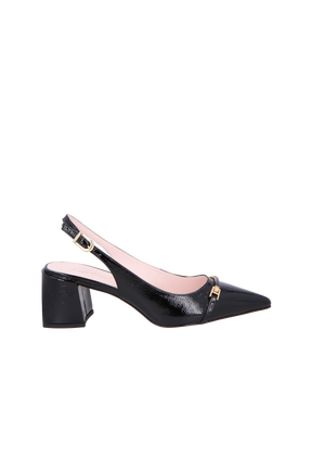 SCARPIN SLINGBACK  DE SALTO BLOCO MÉDIO PRETO EM VERINZ COM BRIDÃO