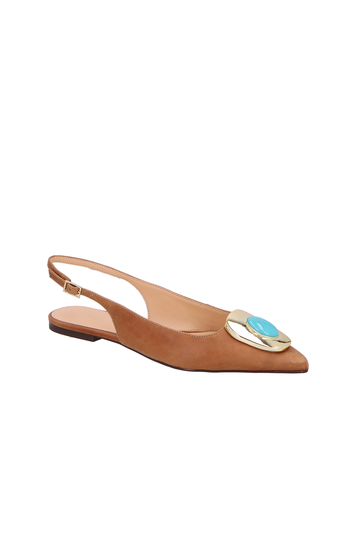 SAPATILHA SLINGBACK EM COURO CARAMELO COM PEDRA E FIVELA DOURADA