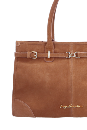 BOLSA COM ALÇAS ALONGADAS E FERRAGEM DOURADA EM CAMURÇA CARAMELO GRANDE