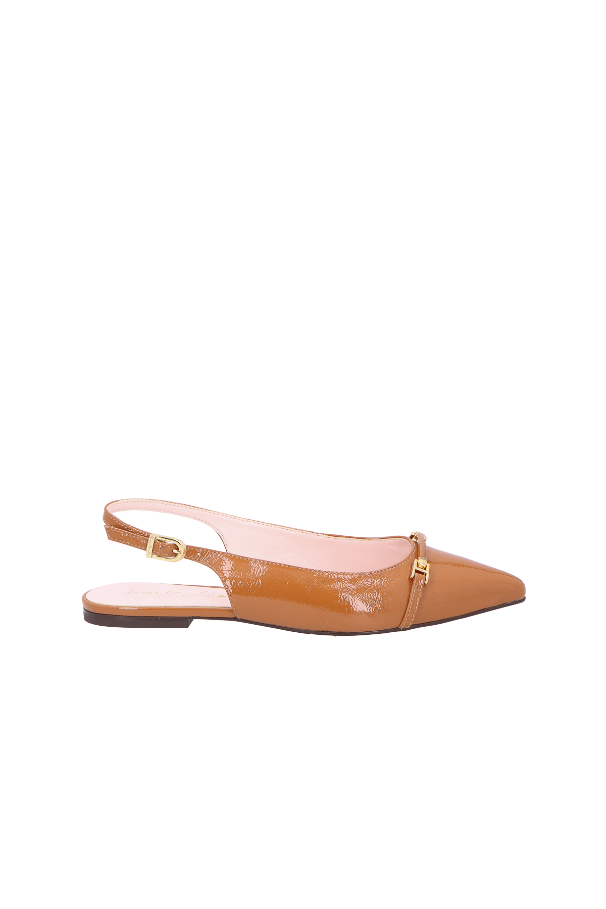 SAPATILHA SLINGBACK BICO FINO EM VERNIZ CARAMELO COM BRIDÃO