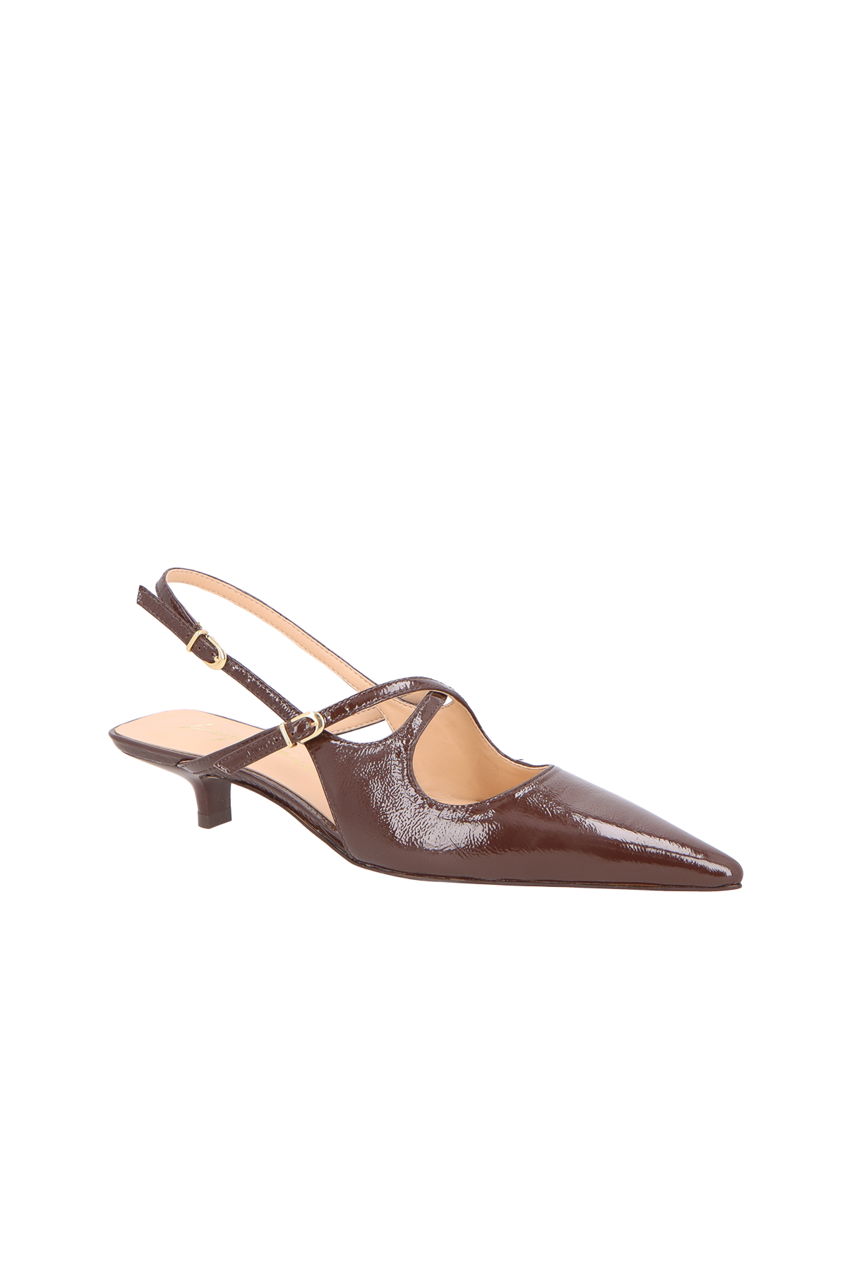 SCARPIN SLINGBACK EM VERNIZ CAFÉ COM SALTO BAIXO E TIRA CENTRAL