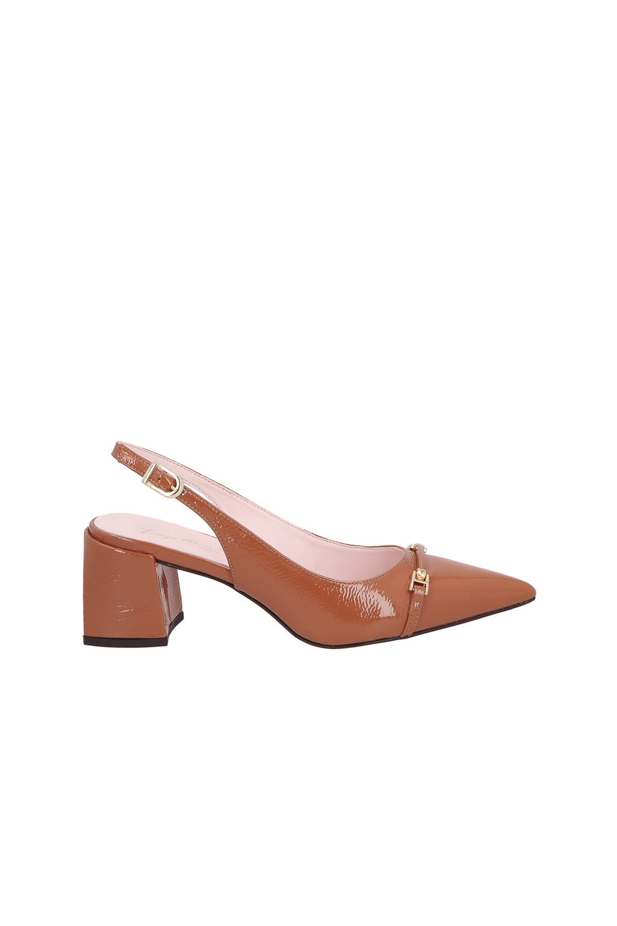 SCARPIN SLINGBACK  DE SALTO BLOCO MÉDIO CARAMELO EM VERINZ COM BRIDÃO