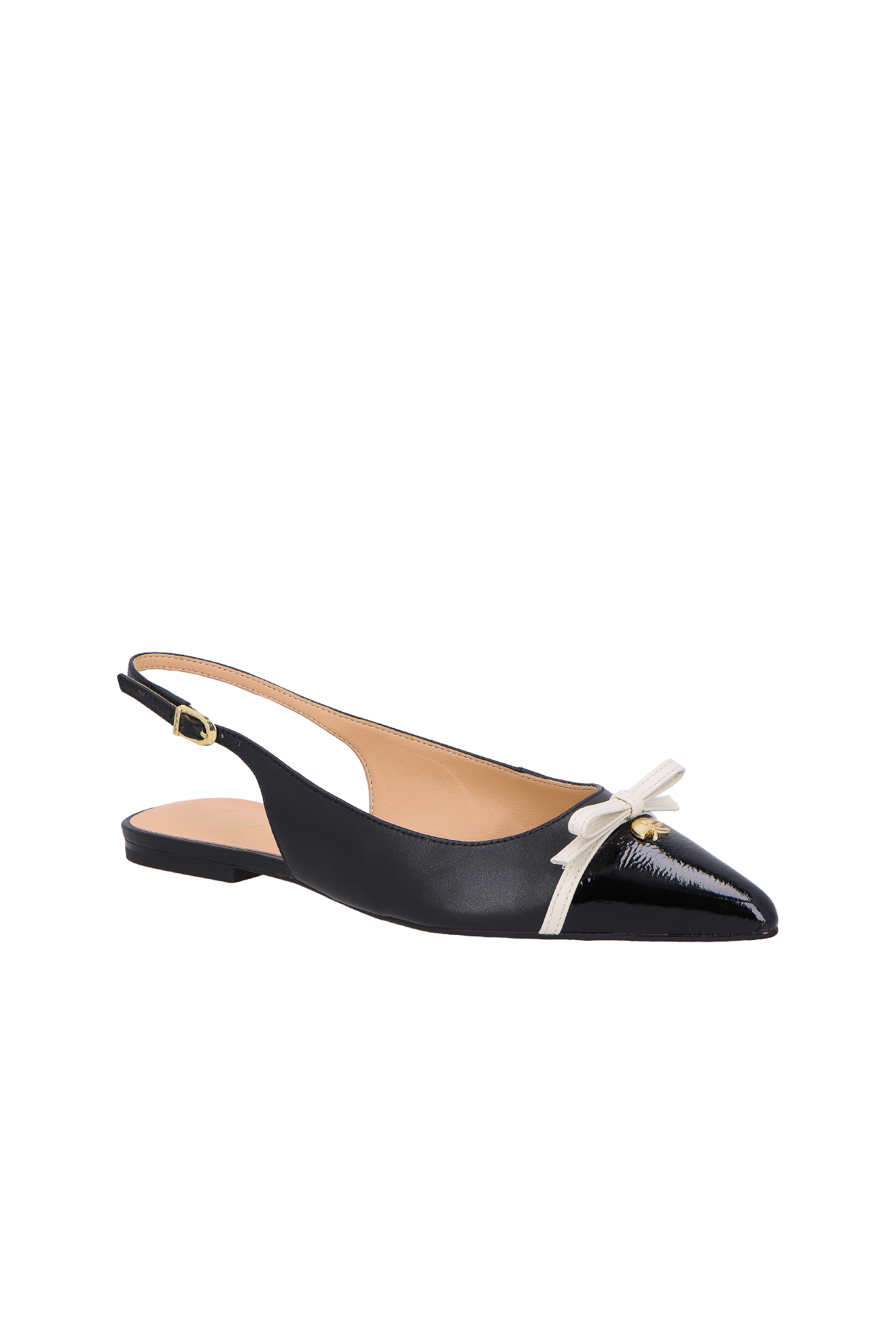 SAPATILHA SLINGBACK EM EM COURO PRETO COM LAÇO OFF WHITE