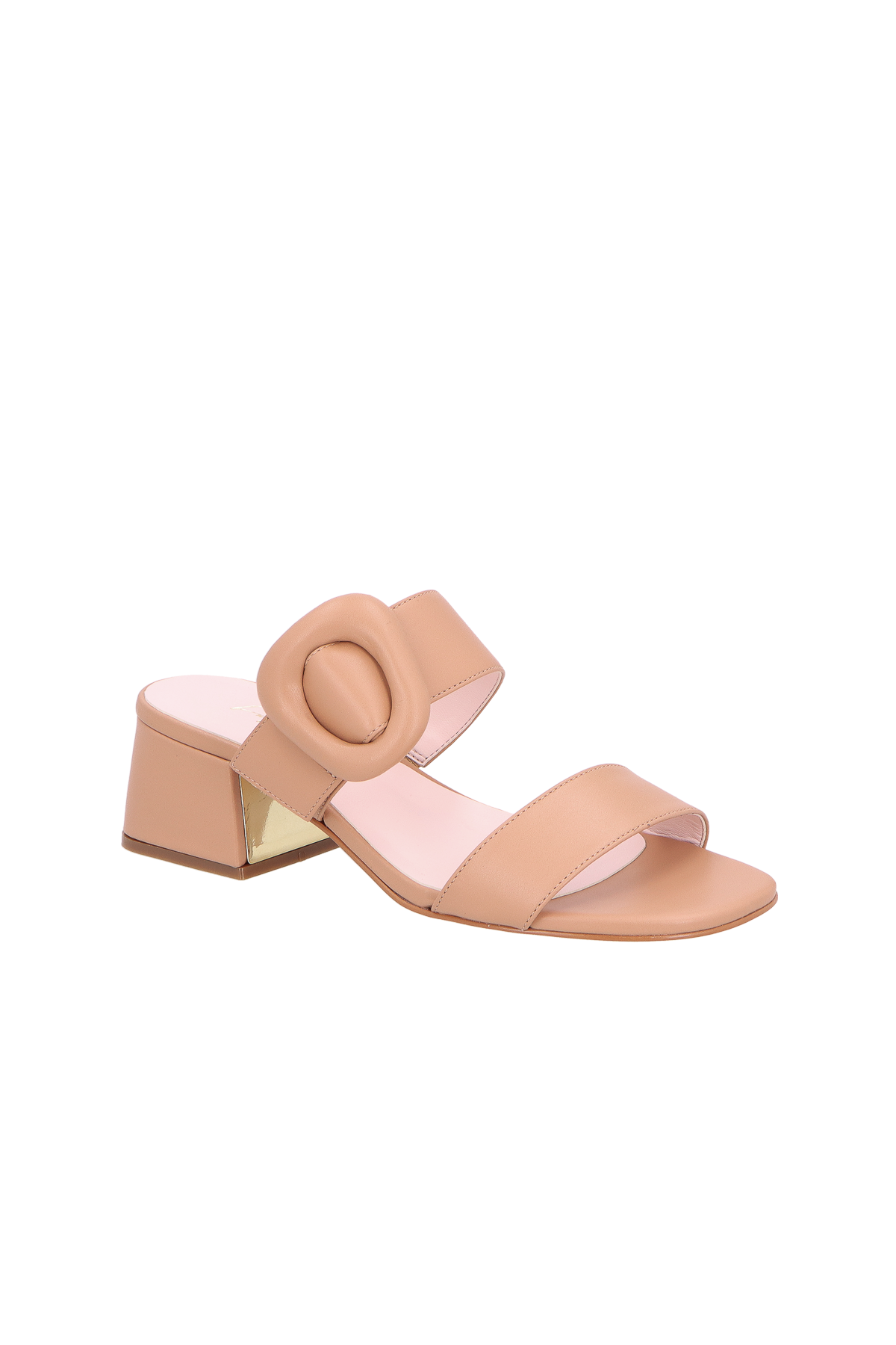 SANDÁLIA DE SALTO MÉDIO BLOCO EM COURO BEGE BLUSH COM APLICAÇÃO ORGÂNICA
