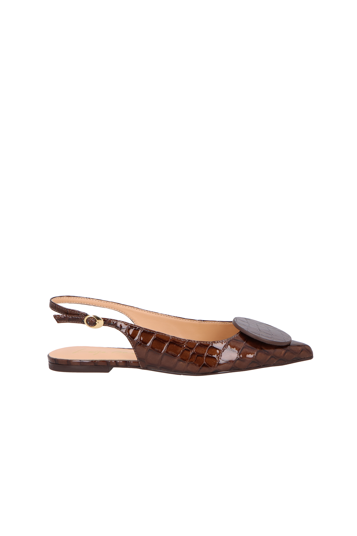 SAPATILHA SLINGBACK FLAT EM COURO CROCO VERNIZ CAFÉ COM APLICAÇÃO CIRCULAR