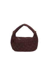 BOLSA HOBO DE ALÇA CURTA EM TRESSÊ DE CAMURÇA CAFÉ MÉDIA